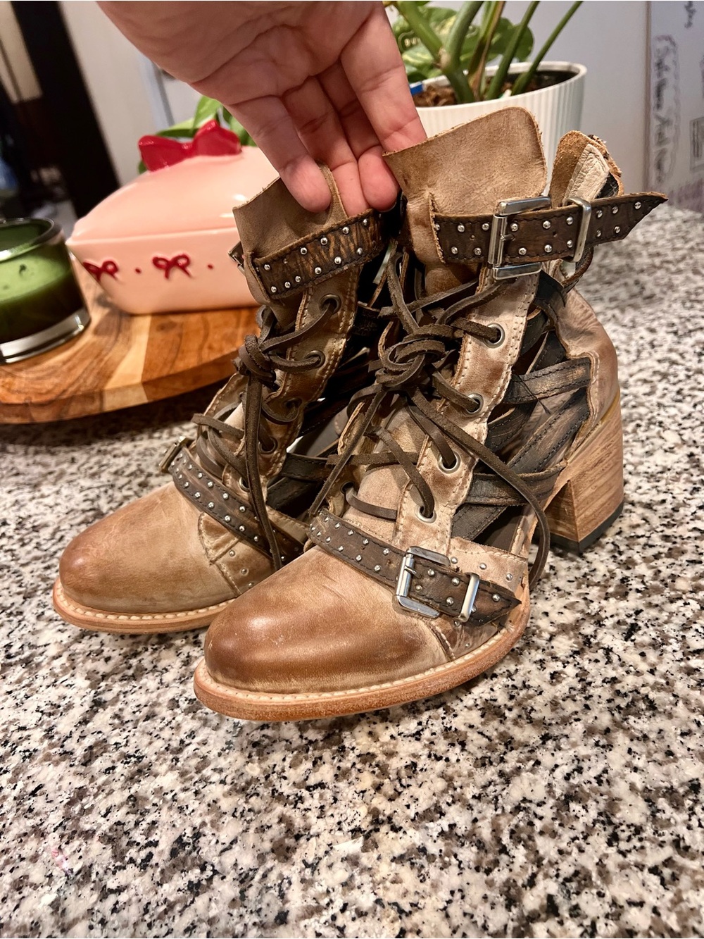 Freebird by Steven Two-Tone Brown Studded Lace-Up Boots